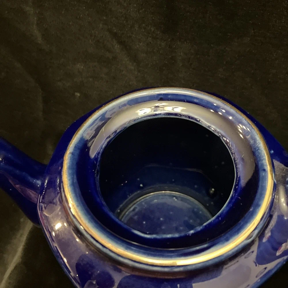 Cobalt Blue Porcelain Tea Pot Gold Trim Peacock Coffee Teapot Taiwan 4.5” W/ Lid